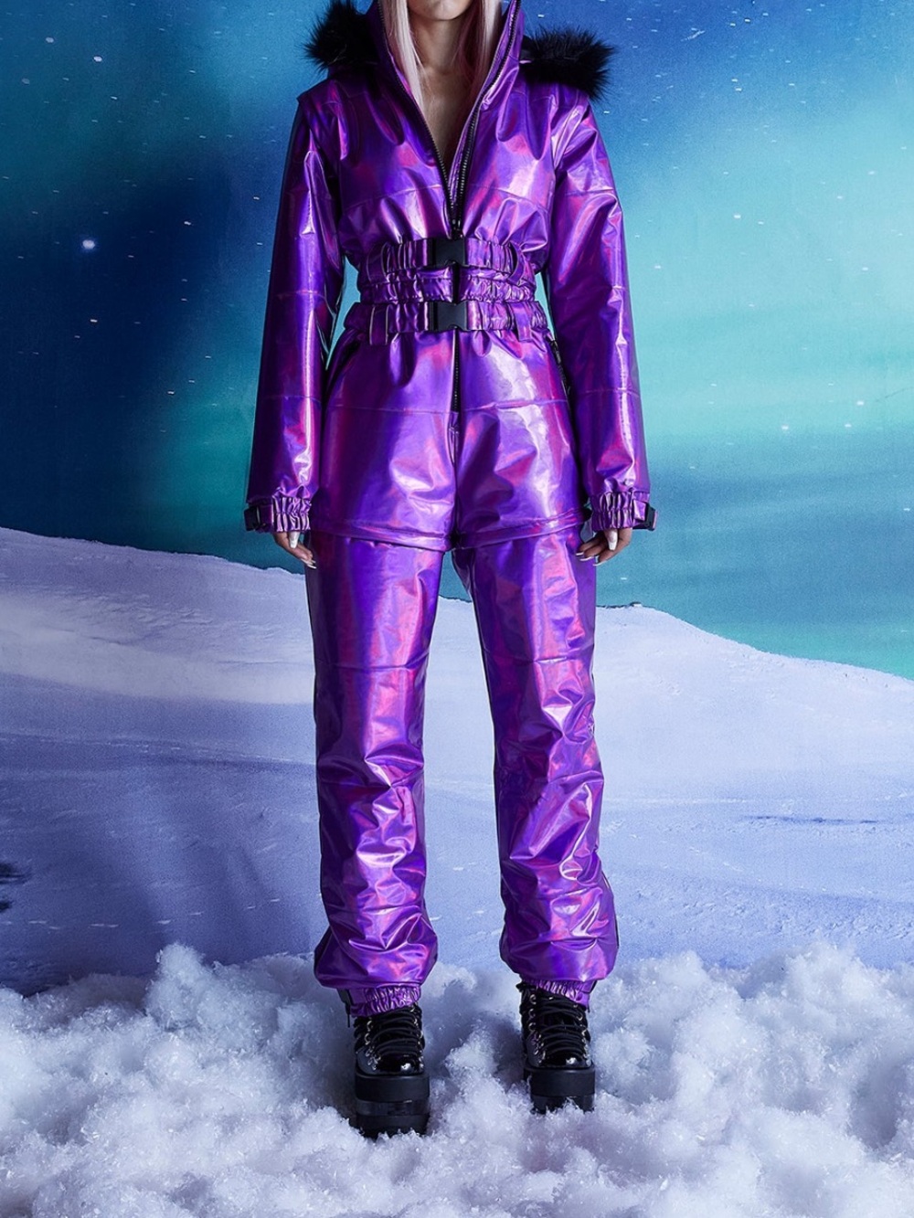 Purple Iridescent Holographic Women's Ski Jumpsuit snowsuit Club Exx
